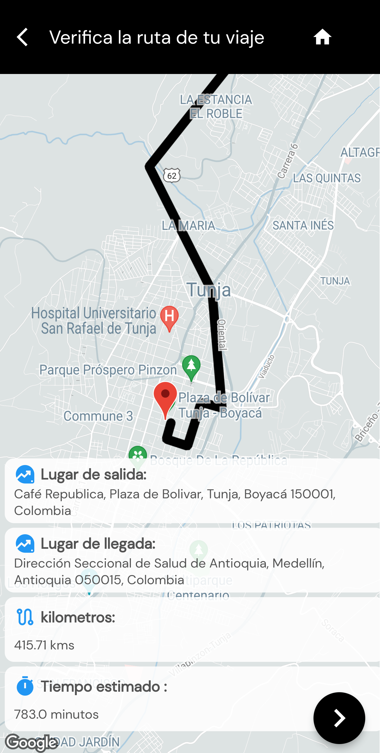 Verificar ruta de viaje en Wheels App