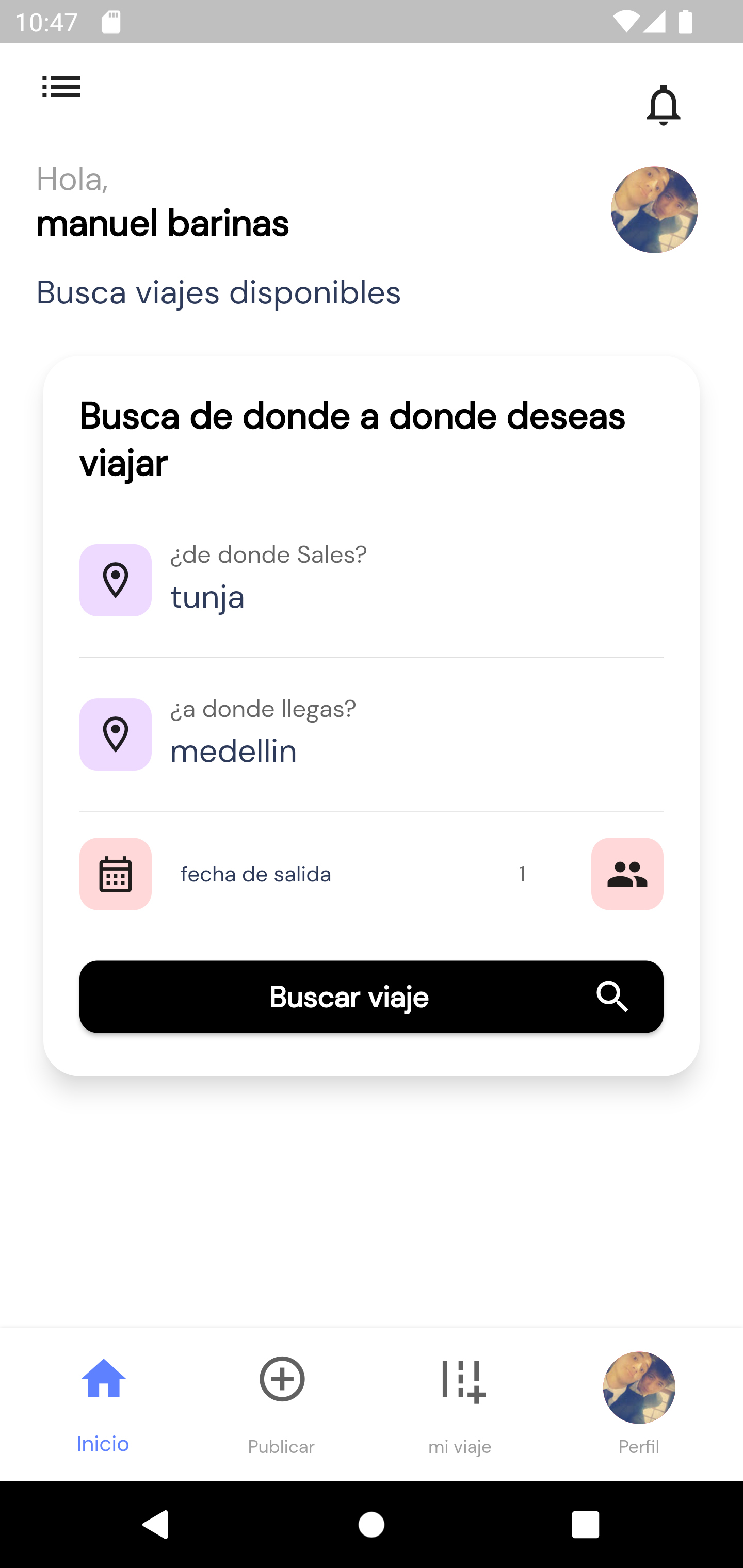 Buscar viaje en Wheels App
